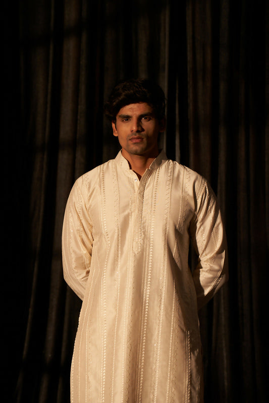 Off White Silk Designer Embroidery Work Men's Kurta Set - Mahotsav