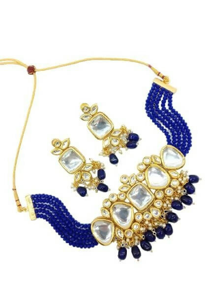 Gold Plated Meenakari Kundan Studded Bridal Blue Choker Necklace & Drop Earrings Jewellery Set By House of Ree - Grab2buy