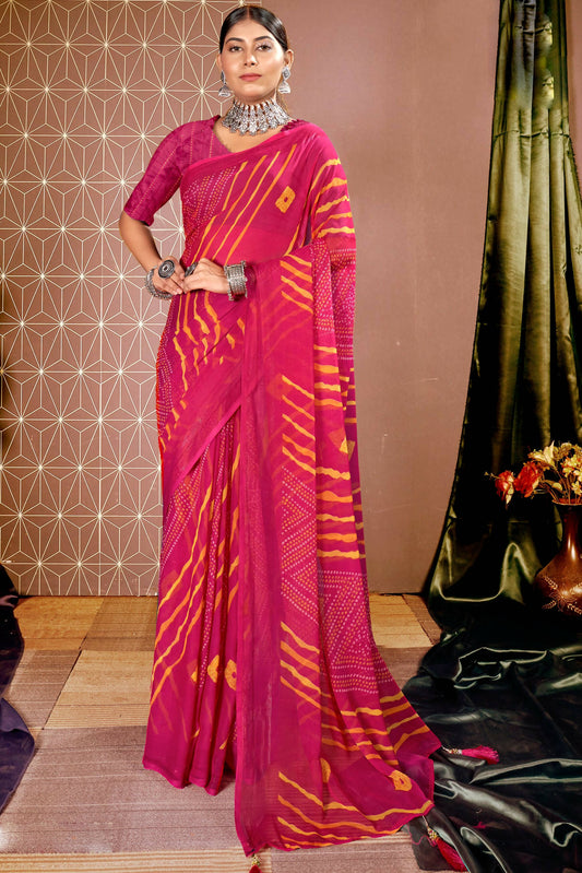 Pink Chiffon Leheriya Printed Saree With Unstitched Blouse Piece - Shanaya