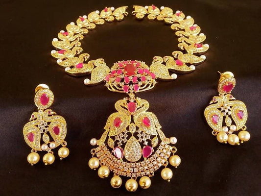 AD Ruby Peacock Bridal Jewelry Set Grab2Buy Mokshi Collections Grab2Buy