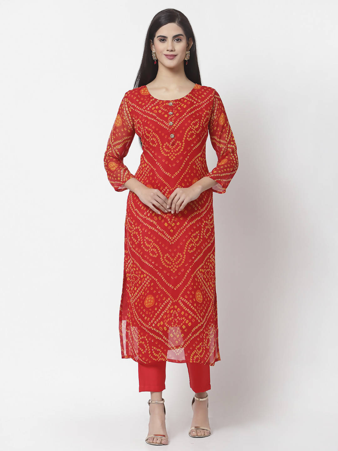 Myshka Women Red Georgette Printed 3/4 Sleeve Round Neck Kurta Pant Dupatta Set