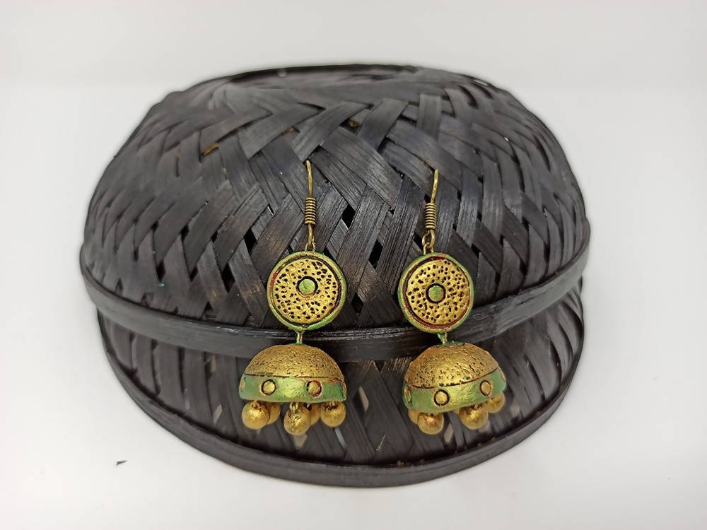 Terracotta Hanging Stud Jhumkas-Pearl Green And Gold