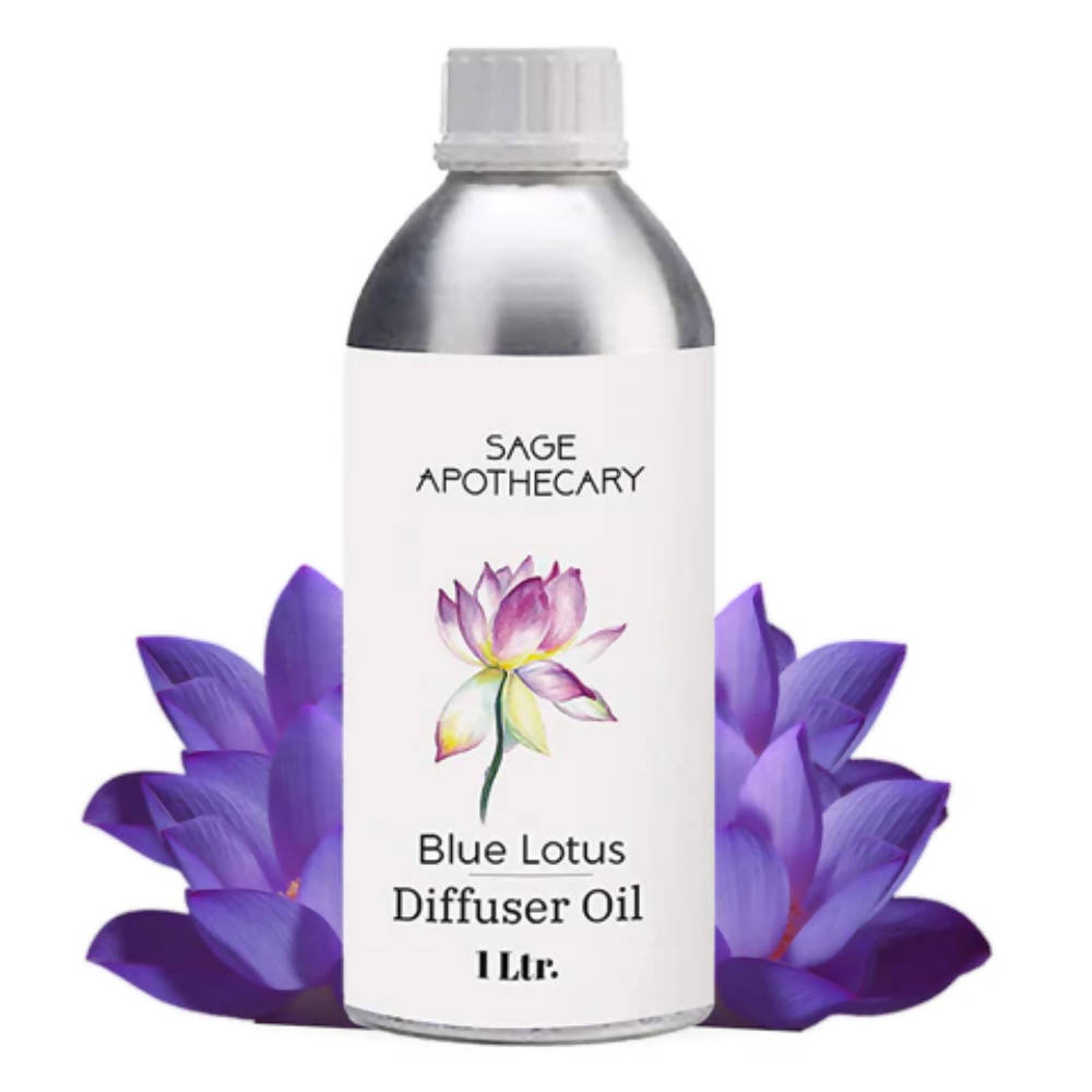 Sage Apothecary Blue Lotus Diffuser Oil metal bottle labeled 1 L with lotus artwork