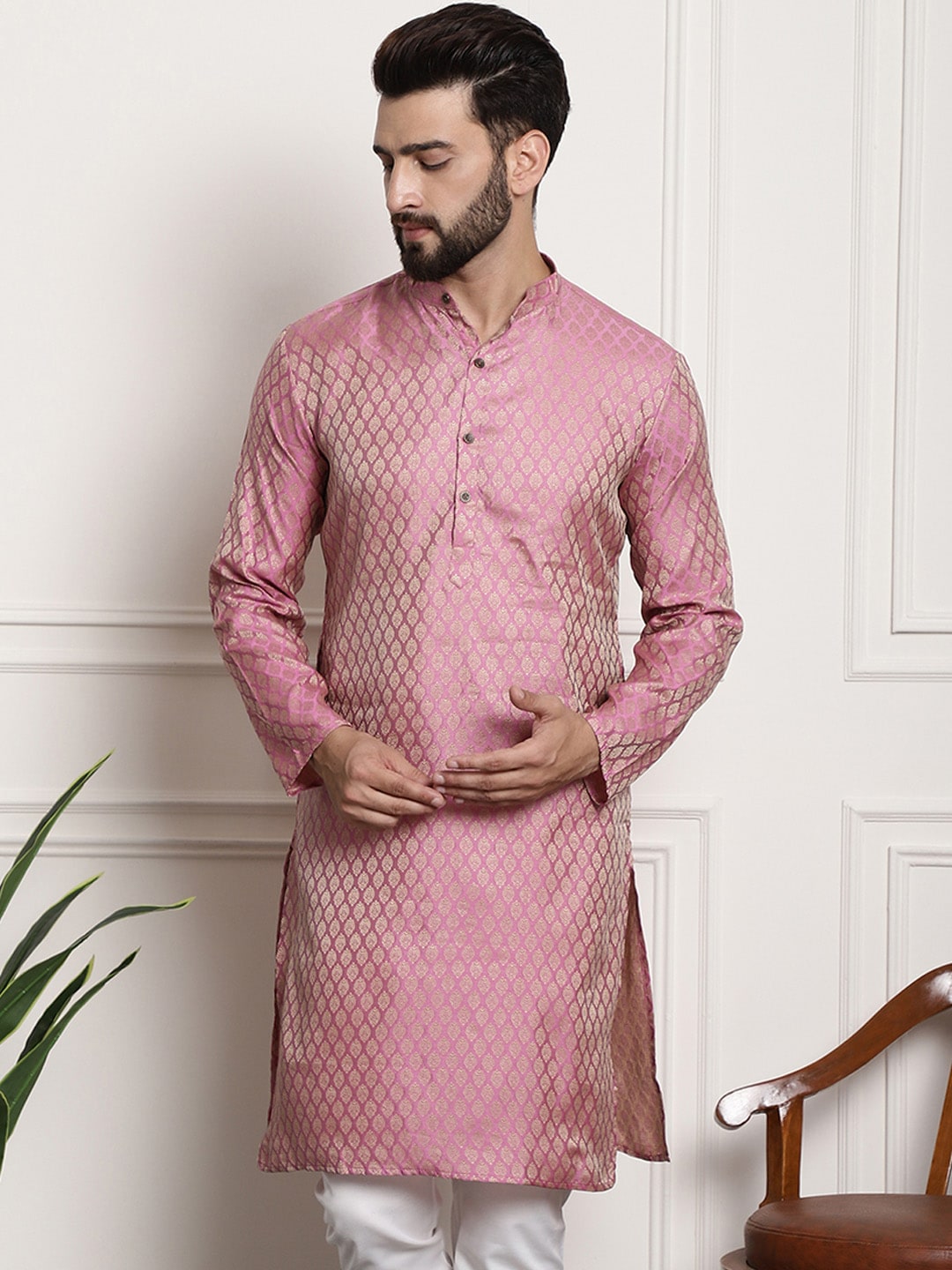 Sojanya Men Pink & Beige Ethnic Motifs Jacquard Woven Design Straight Kurta 