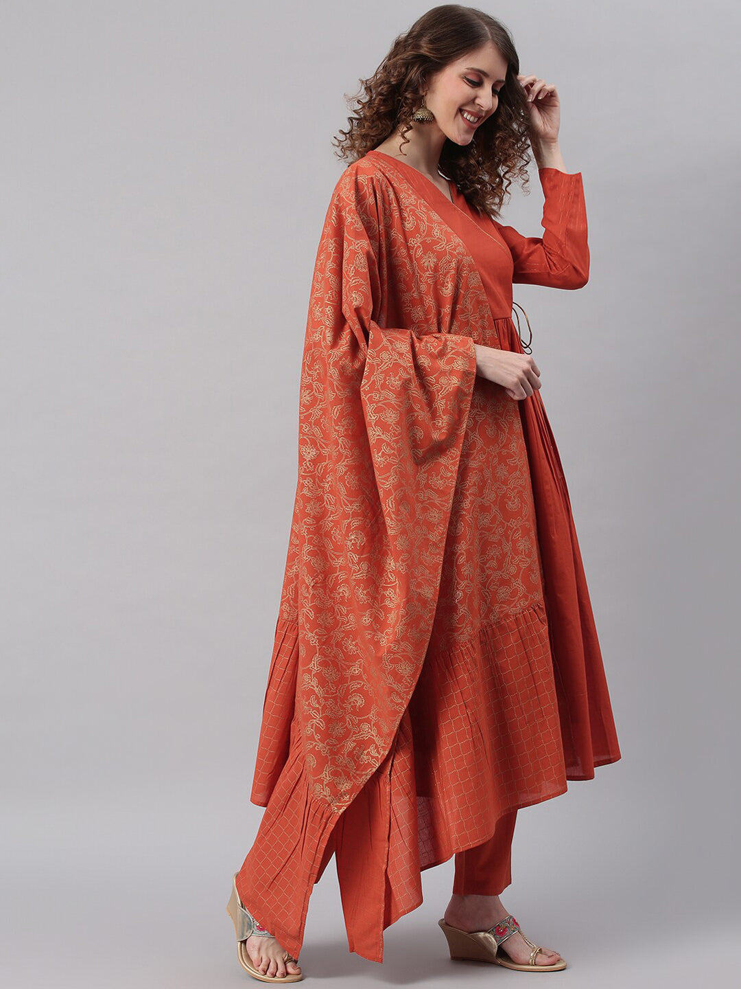 Janasya Women Orange Angrakha Pure Cotton Kurta with Trousers & Dupatta