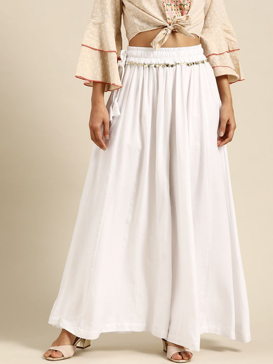 TAG 7 Women White Solid Flared Palazzos