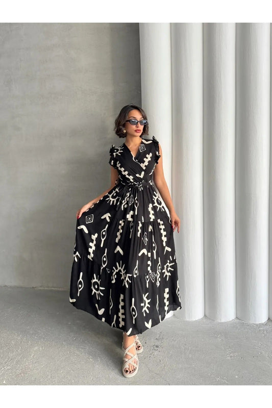 Pimu V-Neck Maxi Dress with Black Graphic Print