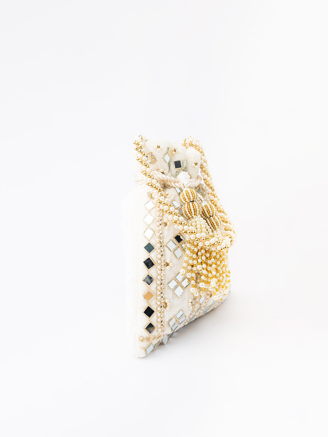 NR By Nidhi Rathi White Mirror Work Embroidered Potli Clutch - Grab2buy