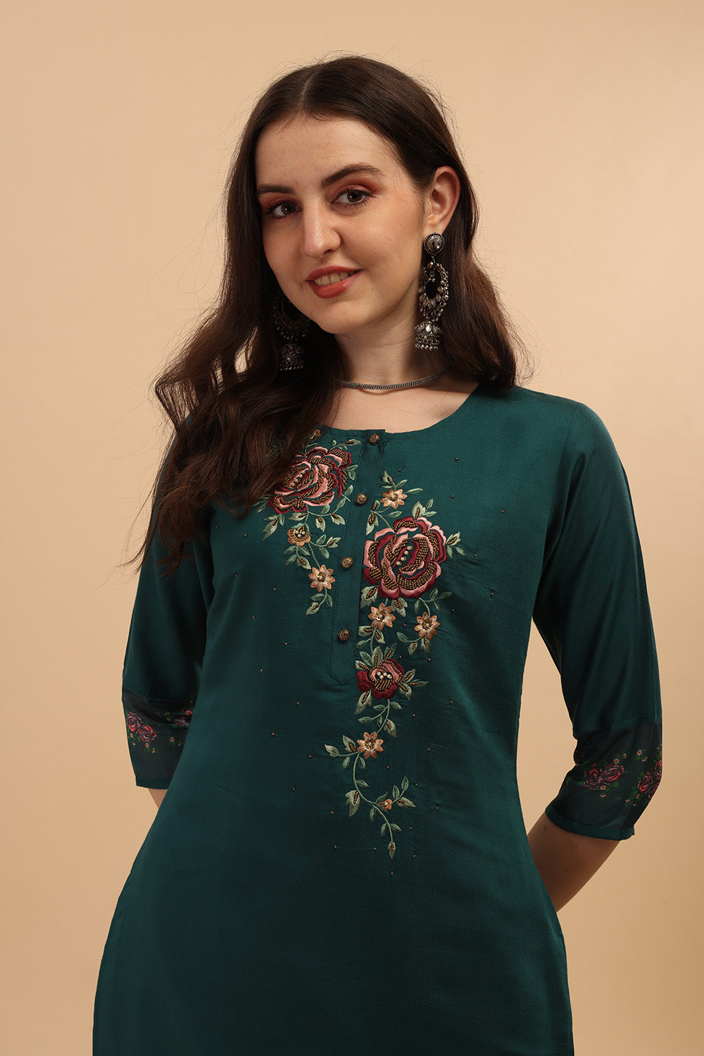 Embroidered Kurta With Pant & Dupatta Set, Multicolor - Hiral Fashion