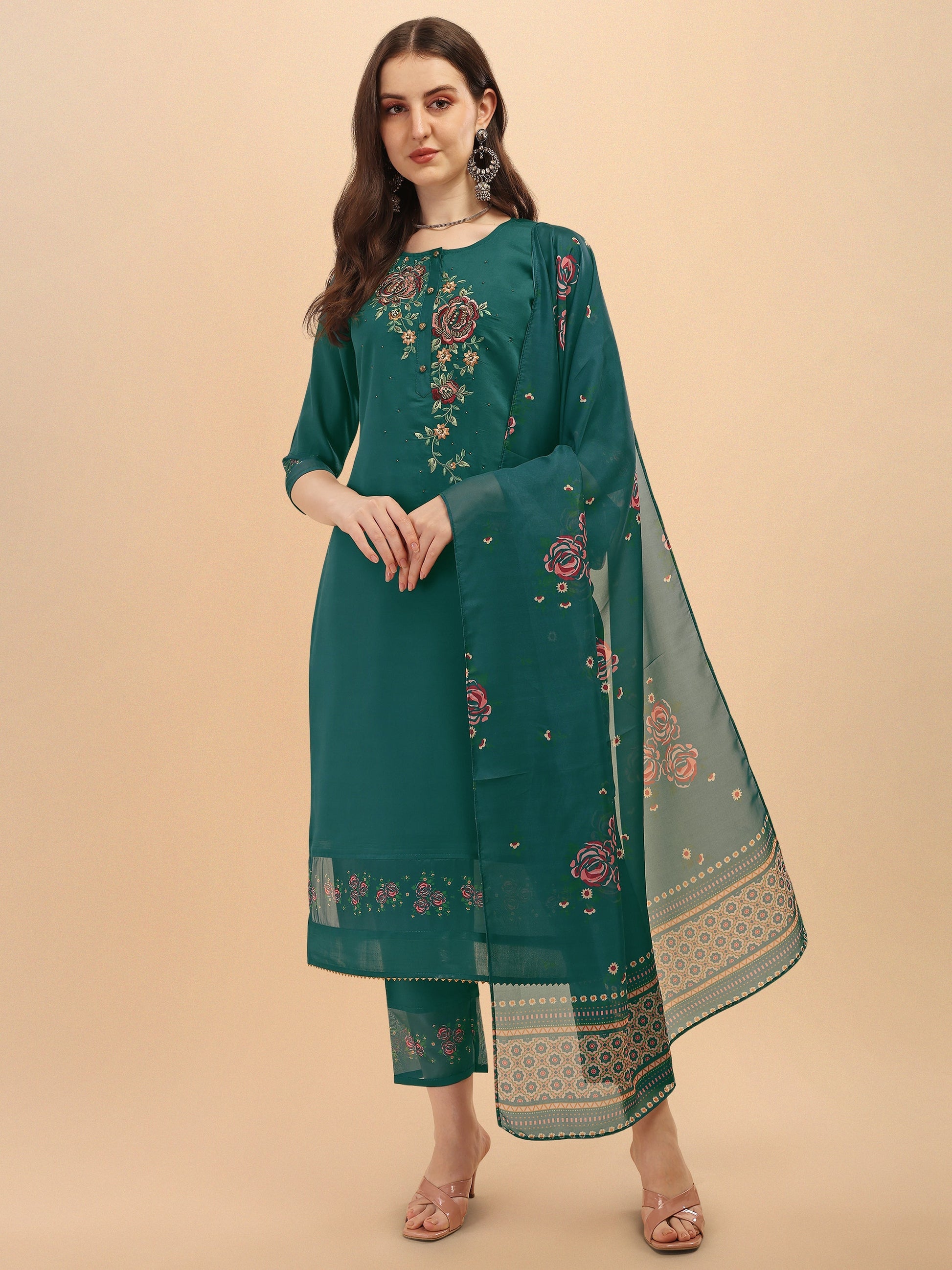 Embroidered Kurta With Pant & Dupatta Set, Multicolor - Hiral Fashion