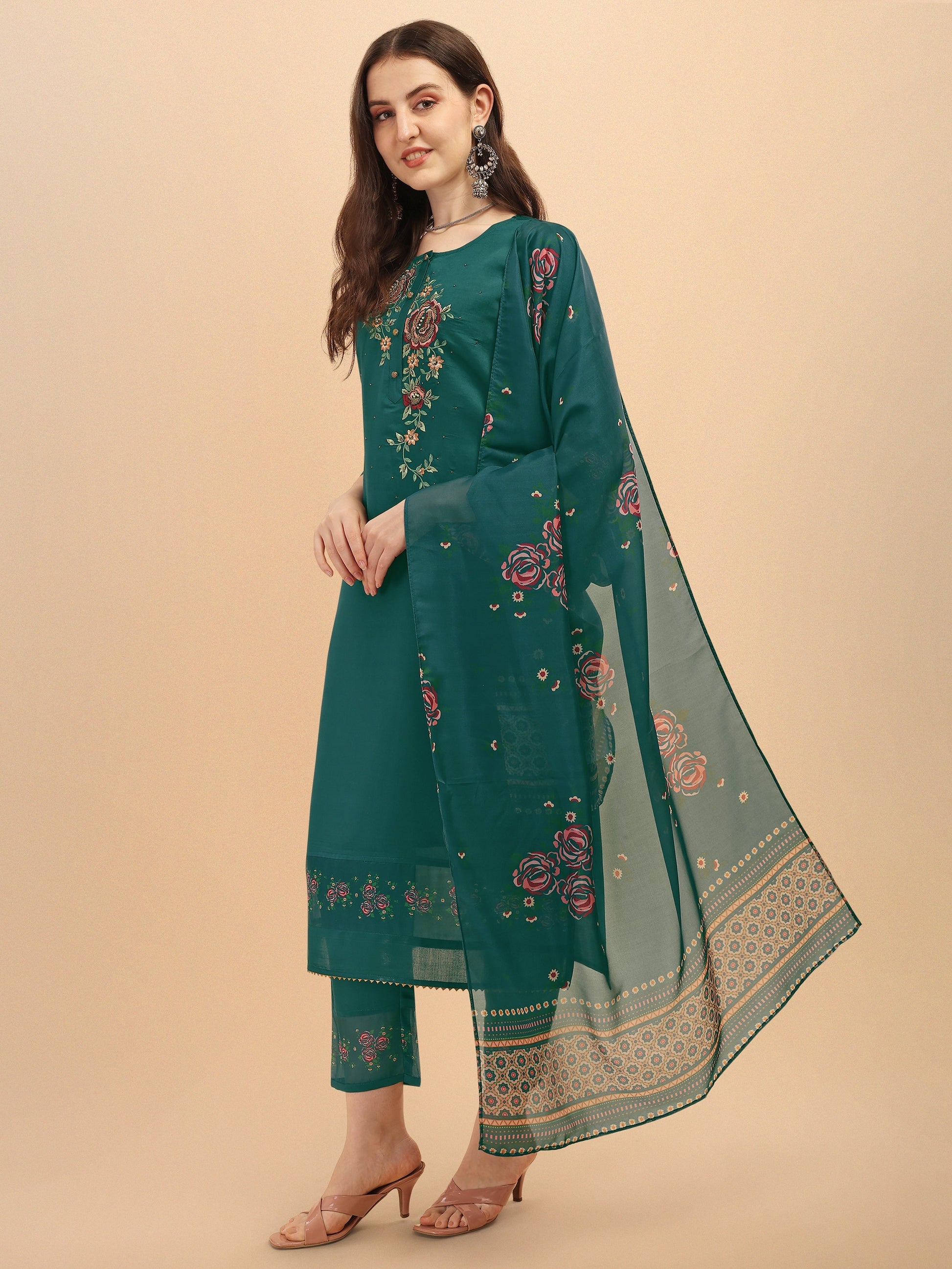 Embroidered Kurta With Pant & Dupatta Set, Multicolor - Hiral Fashion