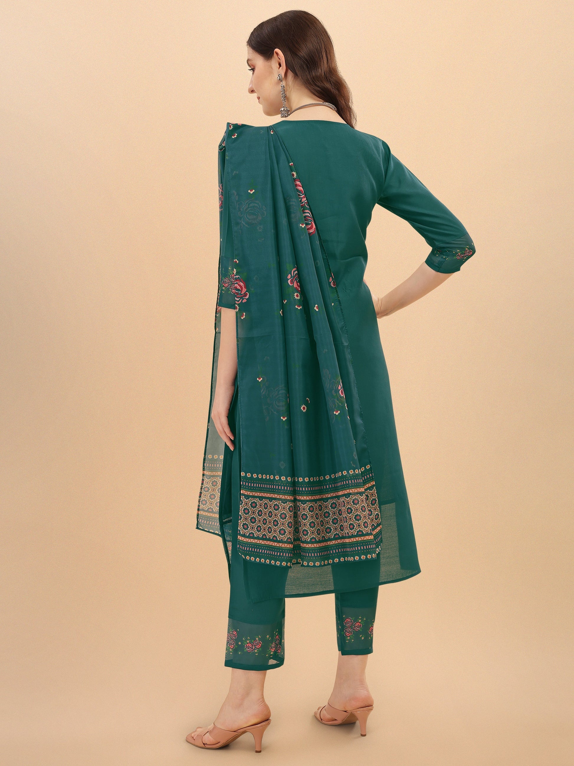 Embroidered Kurta With Pant & Dupatta Set, Multicolor - Hiral Fashion