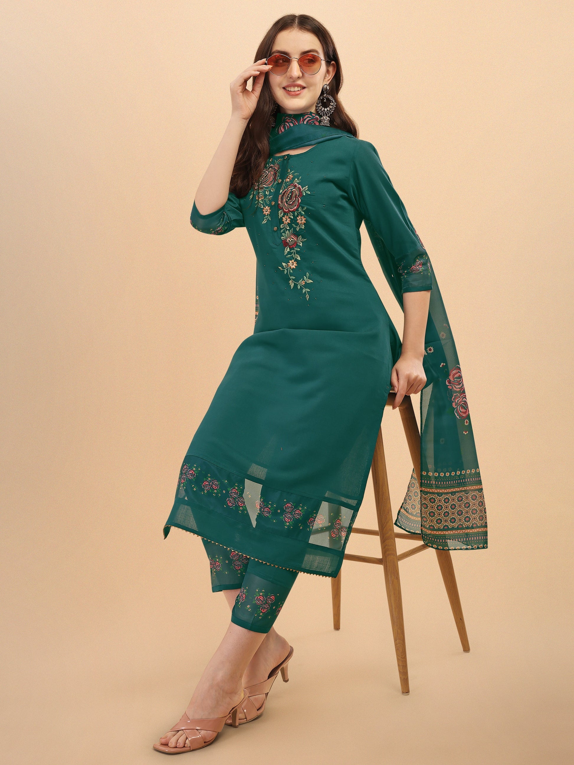 Embroidered Kurta With Pant & Dupatta Set, Multicolor - Hiral Fashion