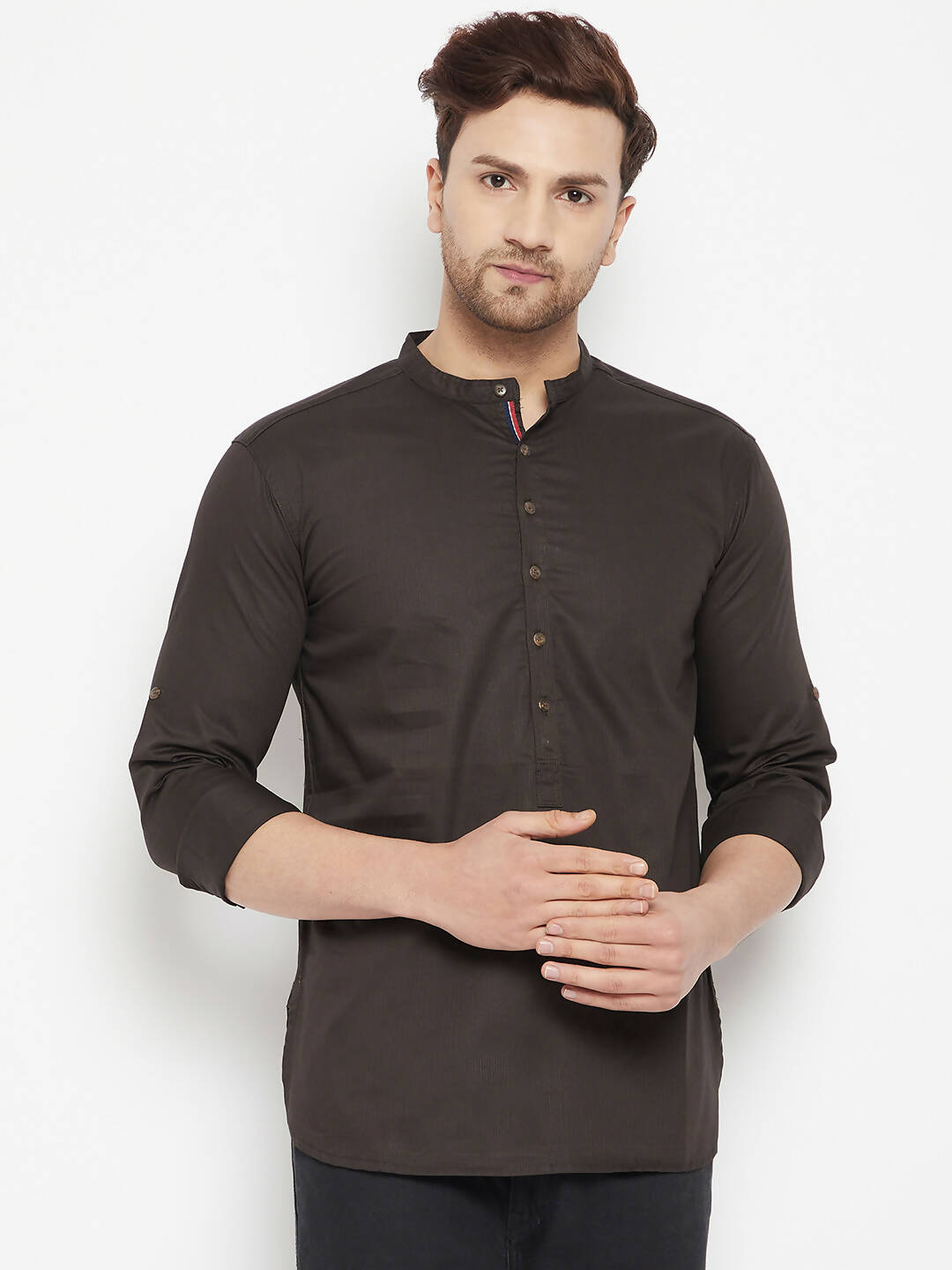 Even Apparels Brown Pure Cotton short Men's Kurta With Band Collar 