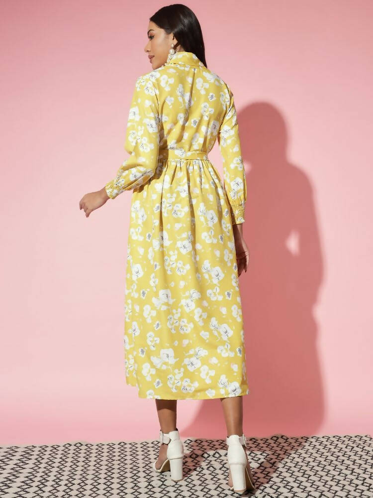 Myshka Women Yellow Floral Rayon A-Line Shirt Collar Dress