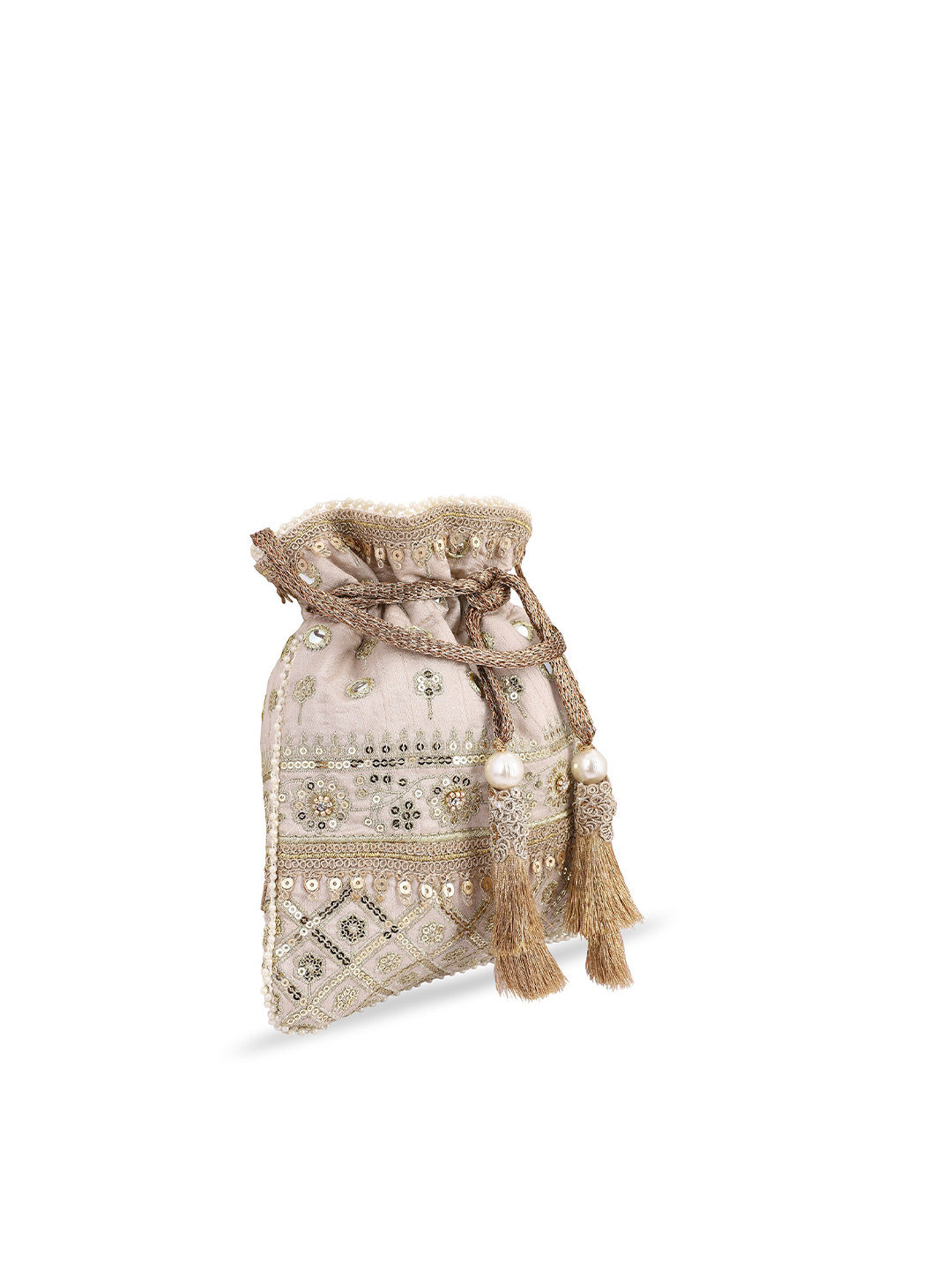 Masq Women Beige & Gold-Toned Embellished Potli - Grab2buy