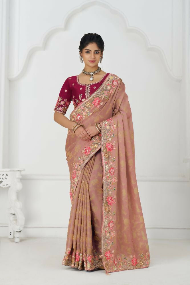 Kesar Fab Pretty Peach: Multicolor Embroidery With Blooming Floral Designs Saree