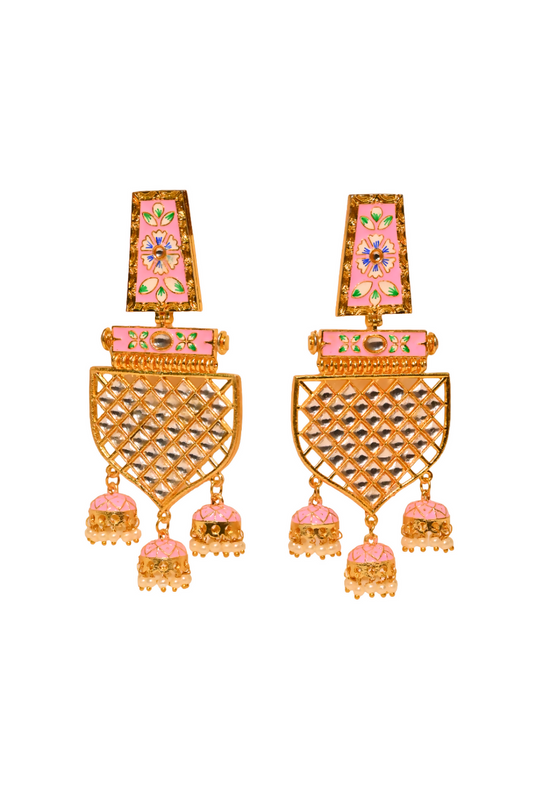 Traditional Gold-Plated Meenakari Pink Jhumka Jhumki Earrings By House of Ree - Grab2buy
