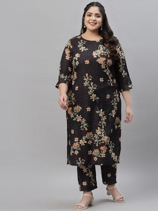 Sztori Plus Size Black Floral Printed Round Neck Straight Kurta with Trousers