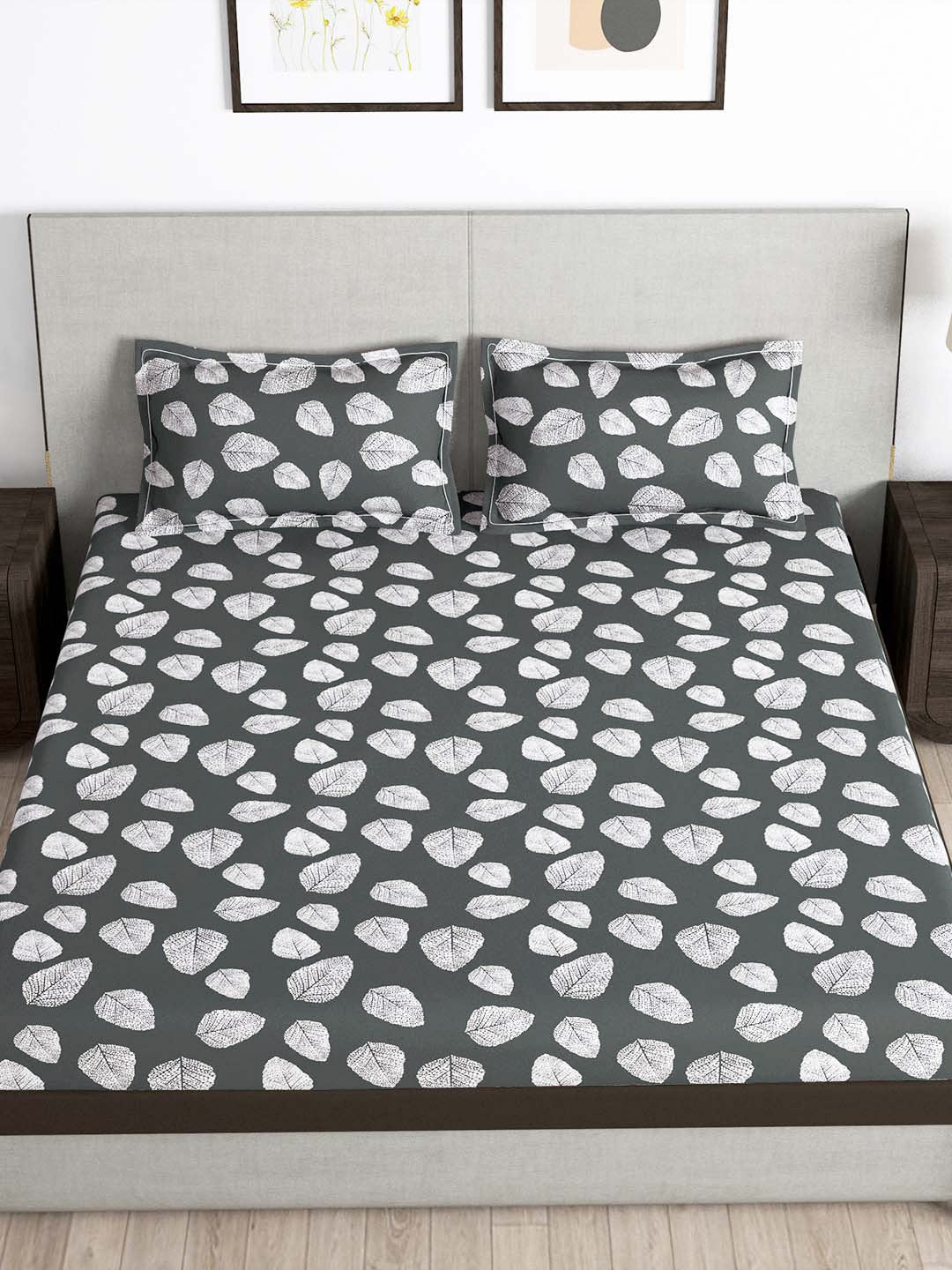 Story@home Arena Grey & White Floral Printed 180 TC Bedsheet & Pillow Covers 