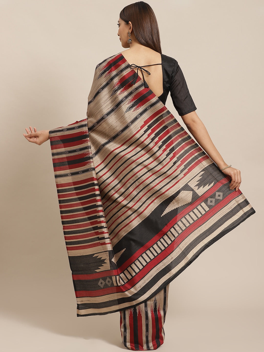 Saree Mall Beige & Black Striped Bhagalpuri Saree