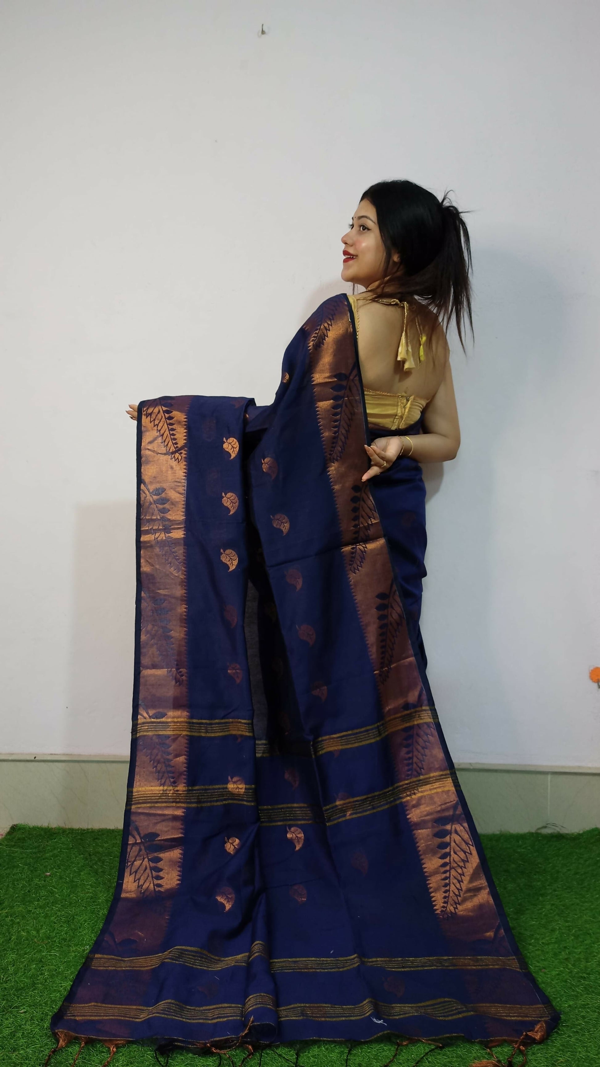 Exclusive Collection Beautiful Navy Blue Cotton Silk Woven Handloom Grab2Buy With Running Blouse Piece 