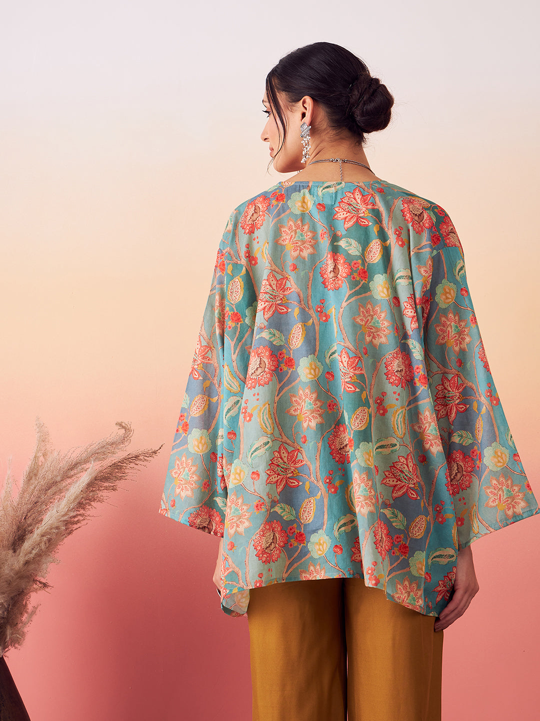 InWeave Women's Light Blue Floral Digital Print Kaftan Boho Top 