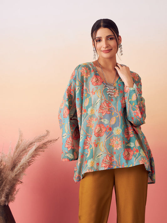 InWeave Women's Light Blue Floral Digital Print Kaftan Boho Top 