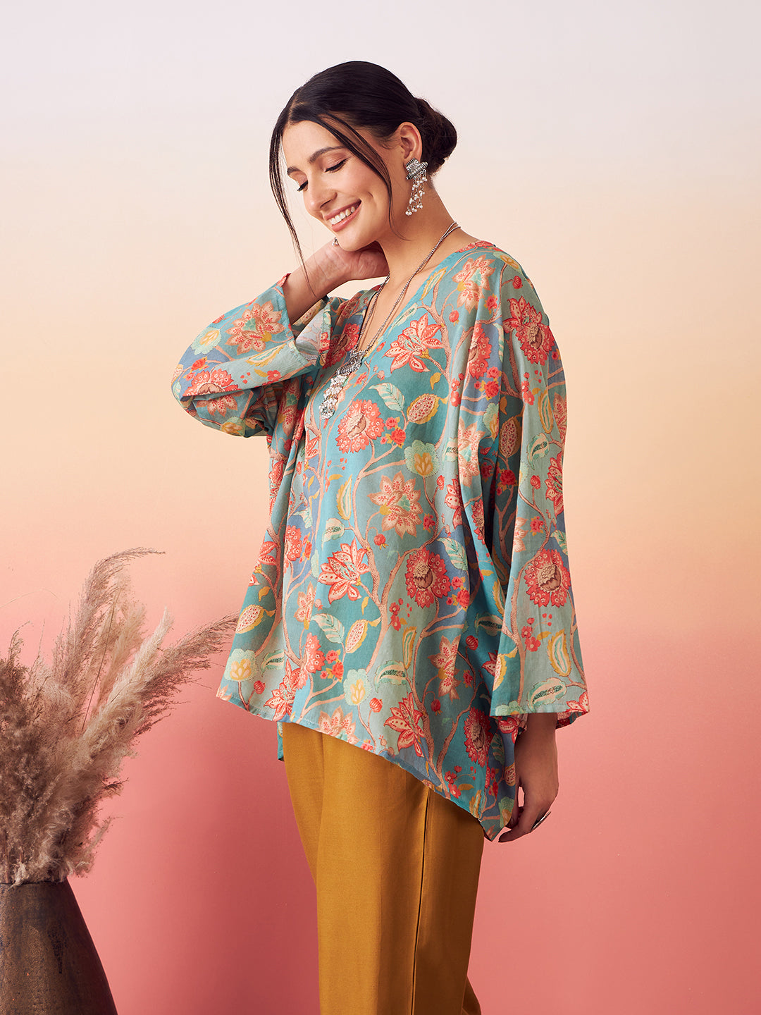 InWeave Women's Light Blue Floral Digital Print Kaftan Boho Top 
