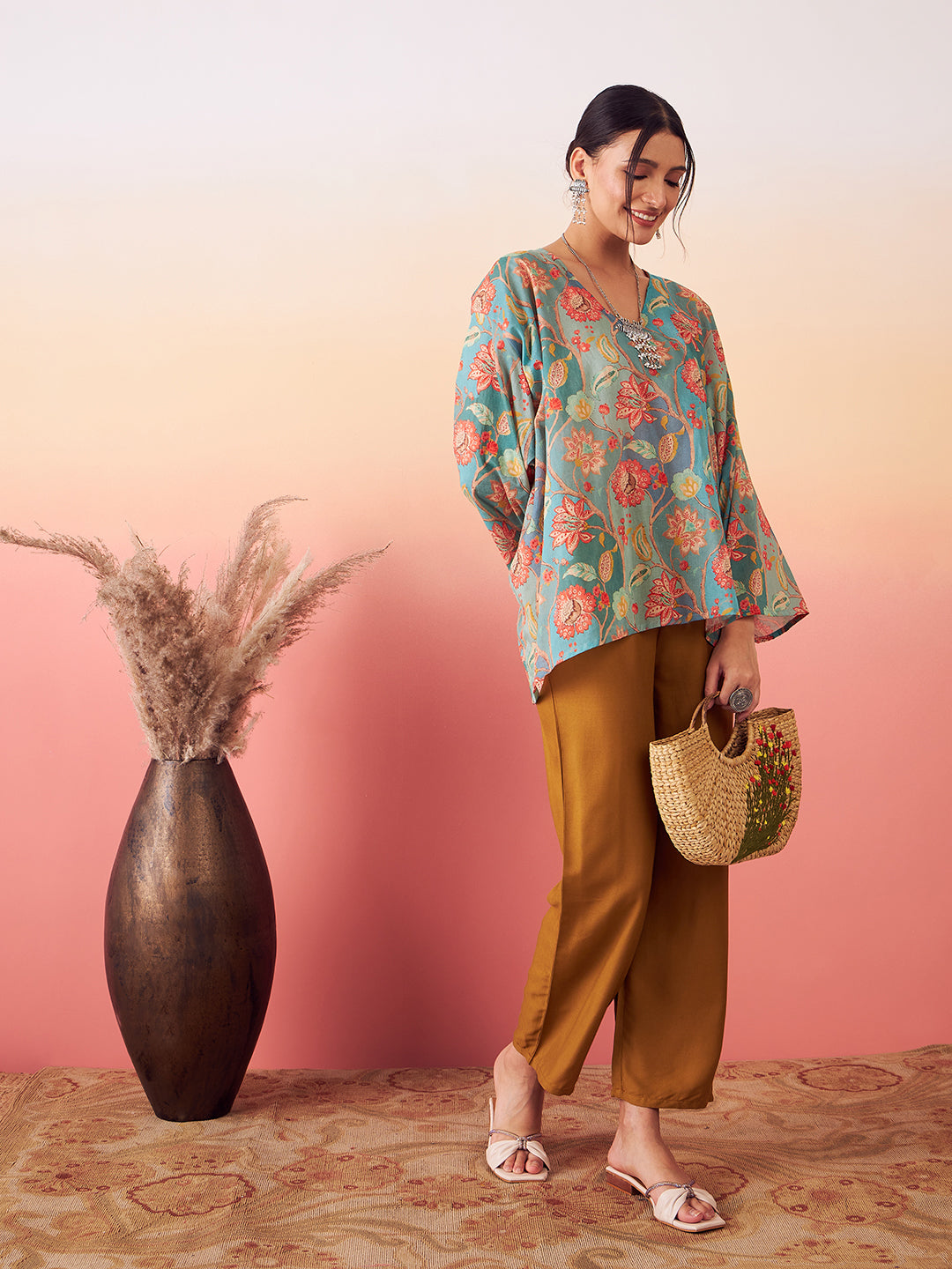 InWeave Women's Light Blue Floral Digital Print Kaftan Boho Top 