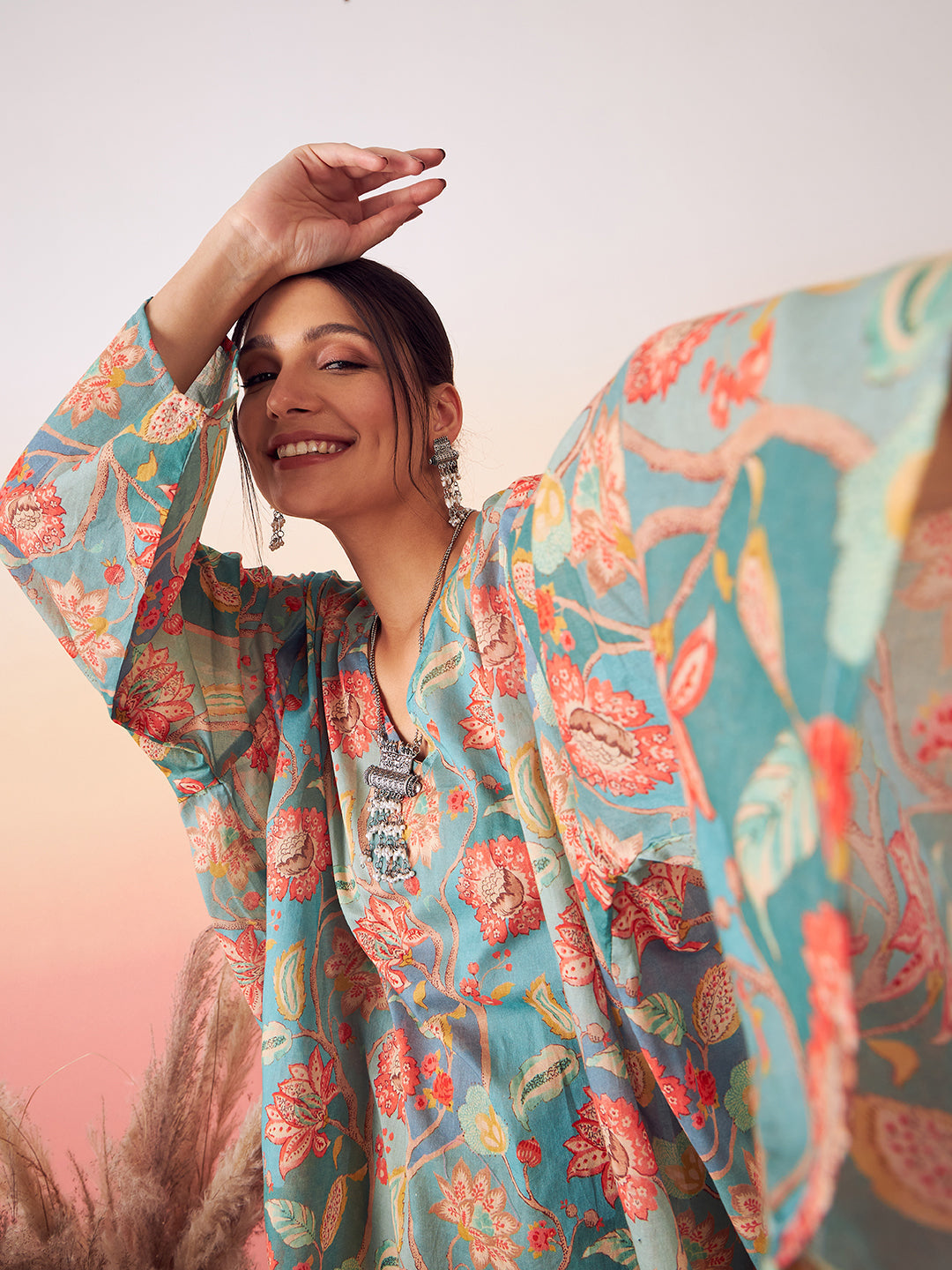 InWeave Women's Light Blue Floral Digital Print Kaftan Boho Top 
