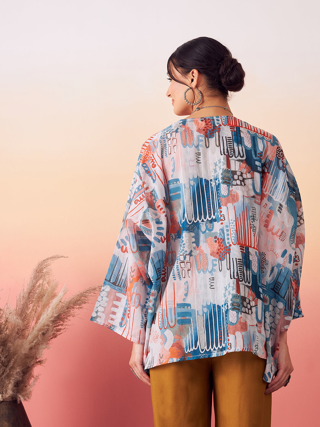 InWeave Women's Powder Blue Digital Print Kaftan Boho Top 