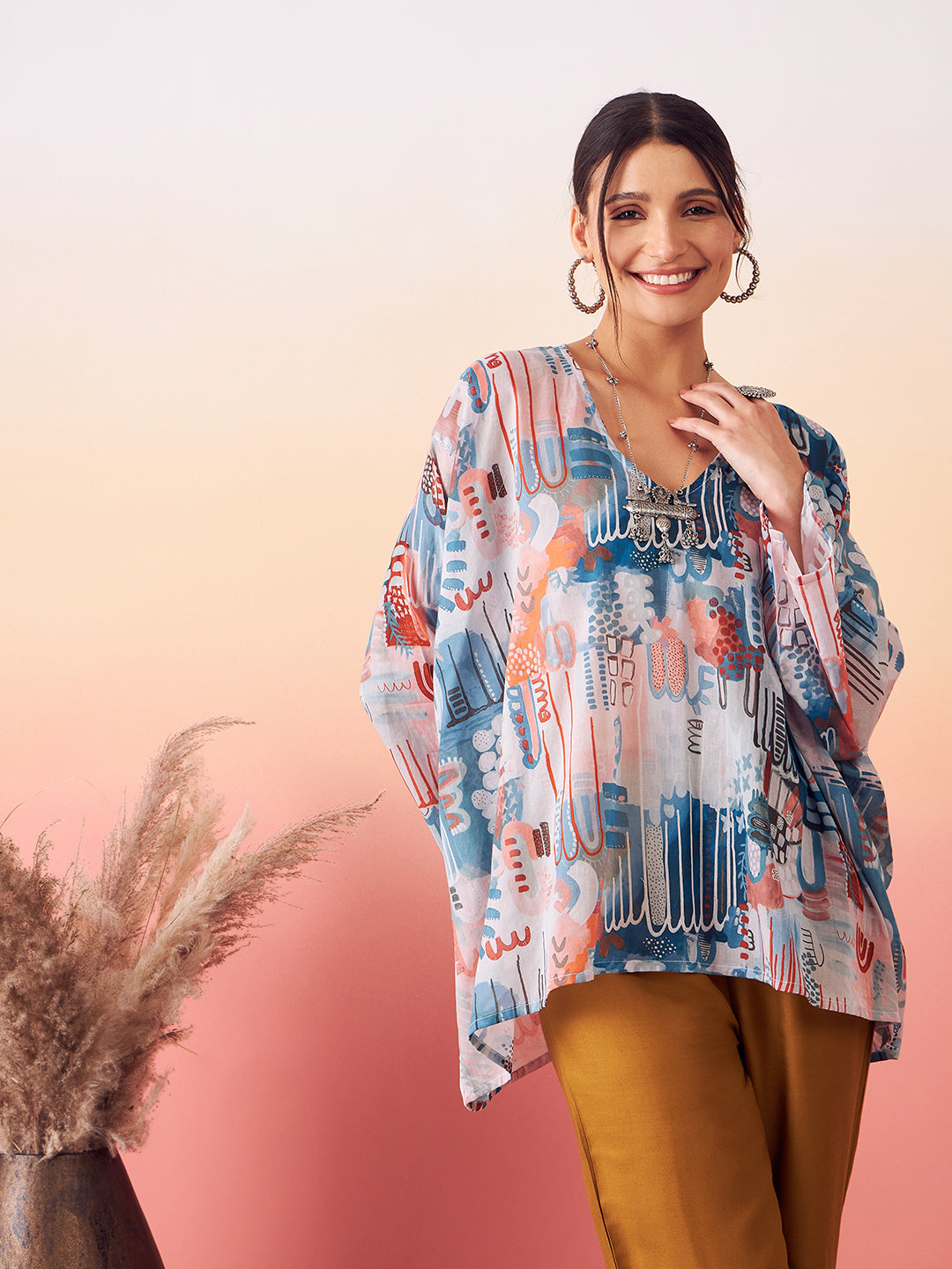 InWeave Women's Powder Blue Digital Print Kaftan Boho Top 