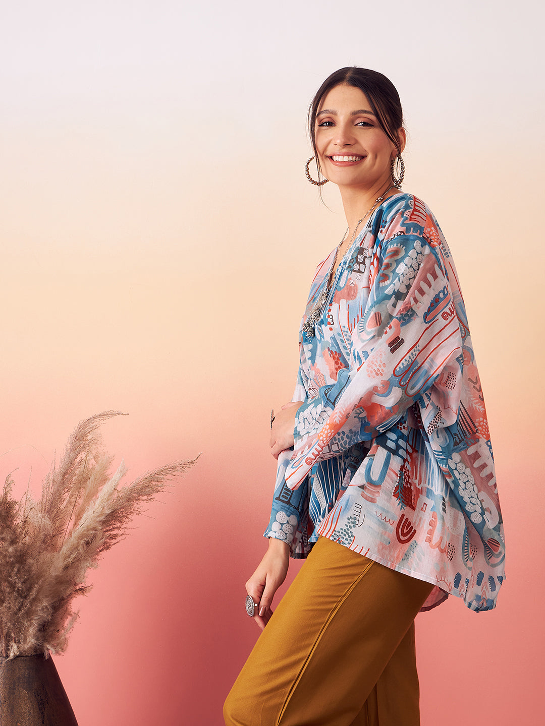 InWeave Women's Powder Blue Digital Print Kaftan Boho Top 