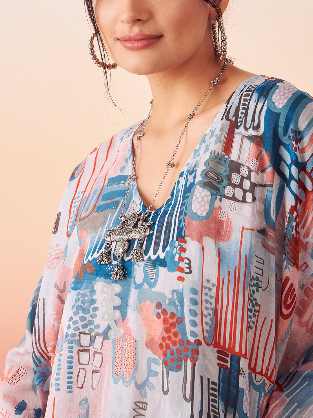 InWeave Women's Powder Blue Digital Print Kaftan Boho Top 