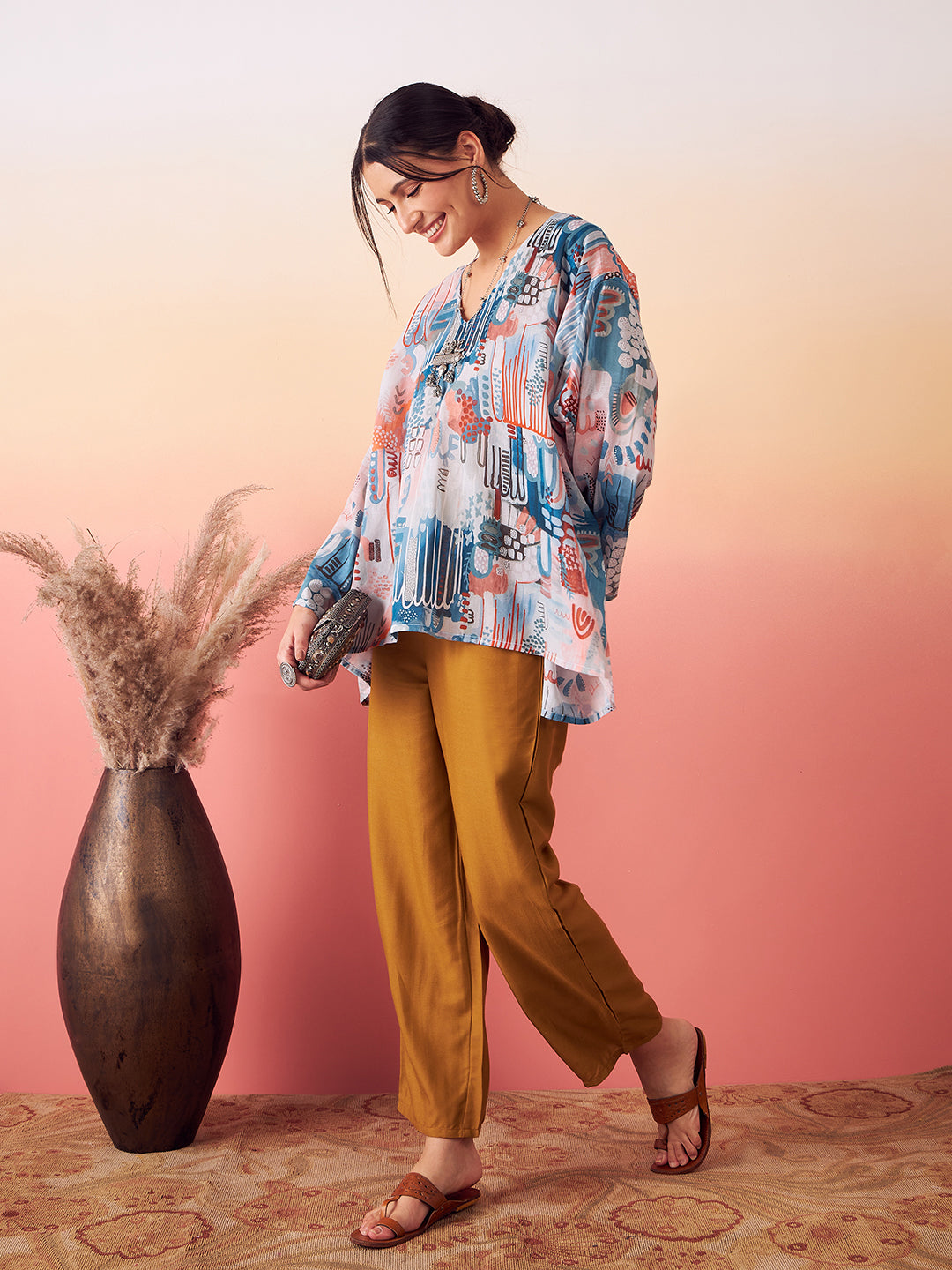 InWeave Women's Powder Blue Digital Print Kaftan Boho Top 