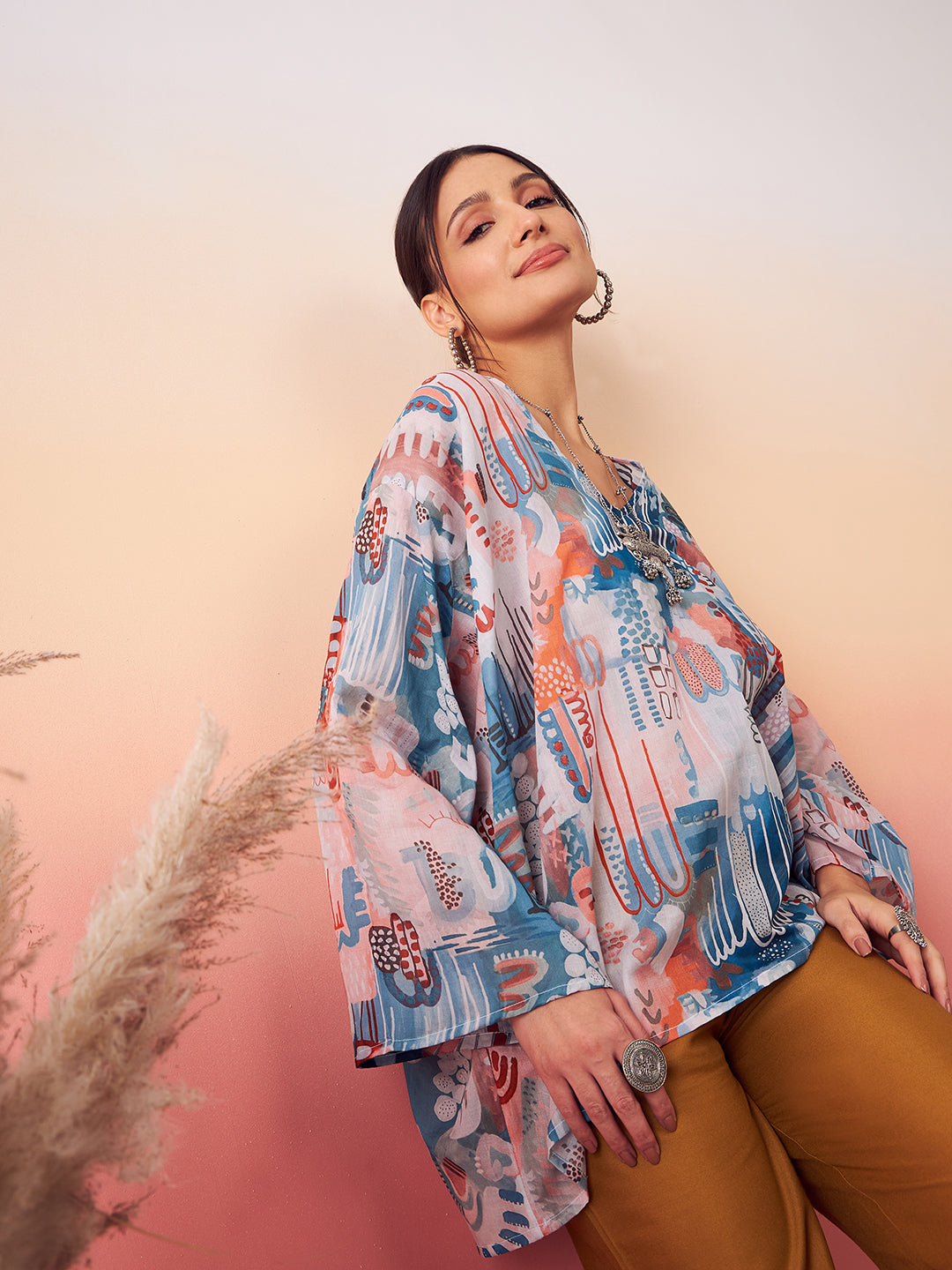 InWeave Women's Powder Blue Digital Print Kaftan Boho Top 