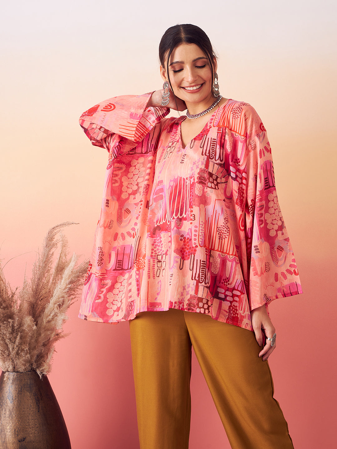 InWeave Women's Peach Red Digital Print Kaftan Boho Top 