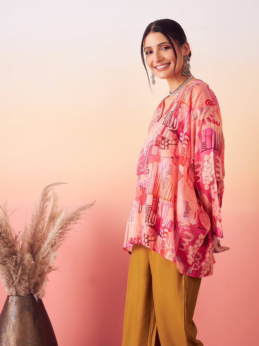 InWeave Women's Peach Red Digital Print Kaftan Boho Top 