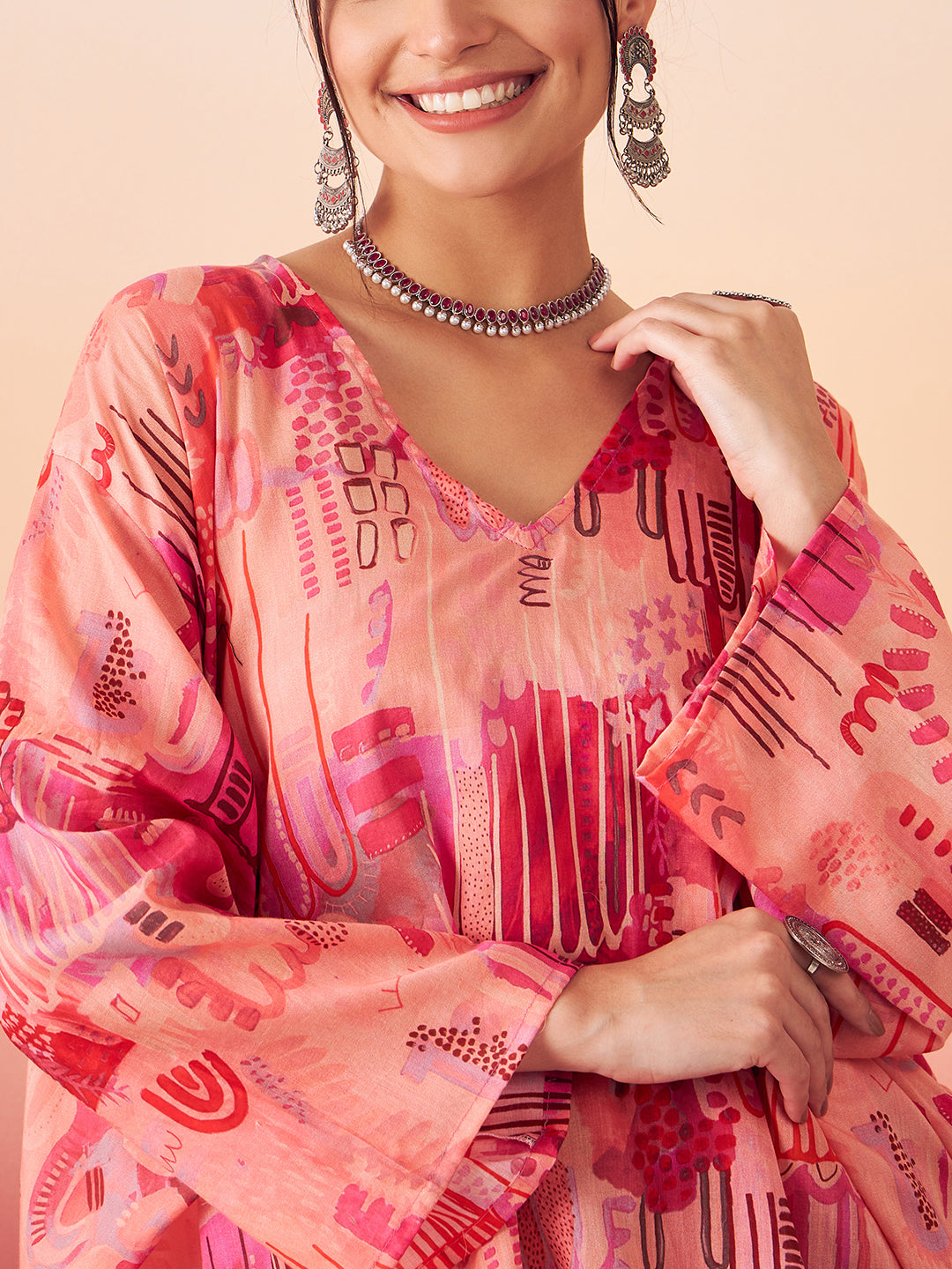 InWeave Women's Peach Red Digital Print Kaftan Boho Top 