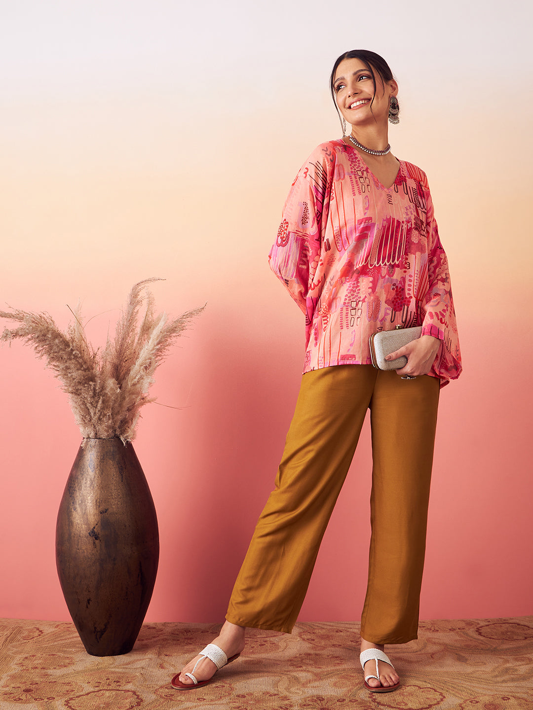 InWeave Women's Peach Red Digital Print Kaftan Boho Top 