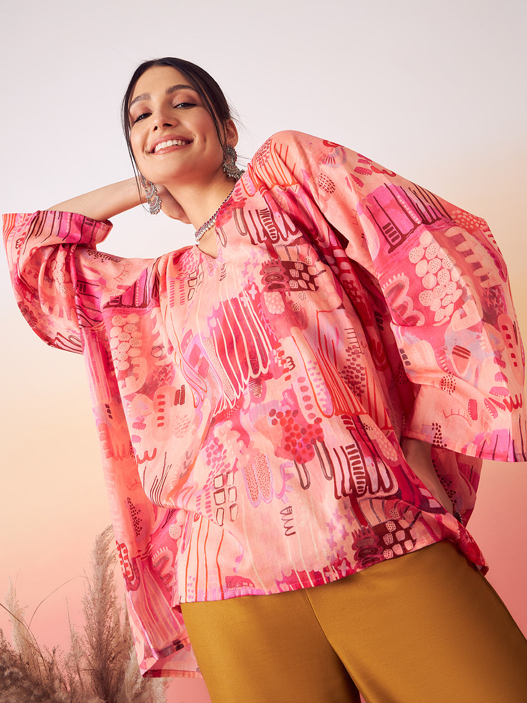 InWeave Women's Peach Red Digital Print Kaftan Boho Top 