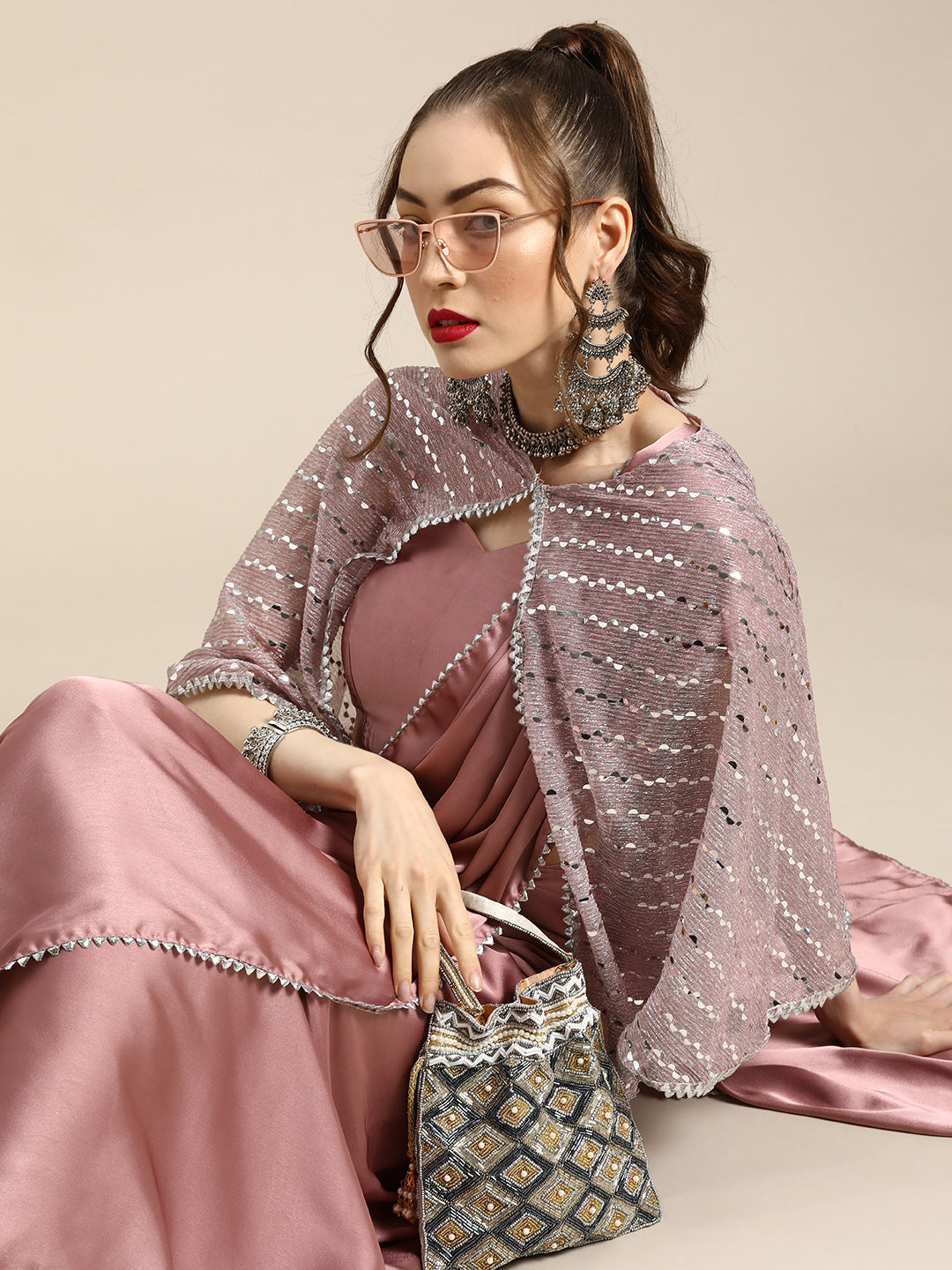Tikhi Imli Trendy Mauve Sleek Poly Crepe Grab2Buy with Embellished Border & Cape 