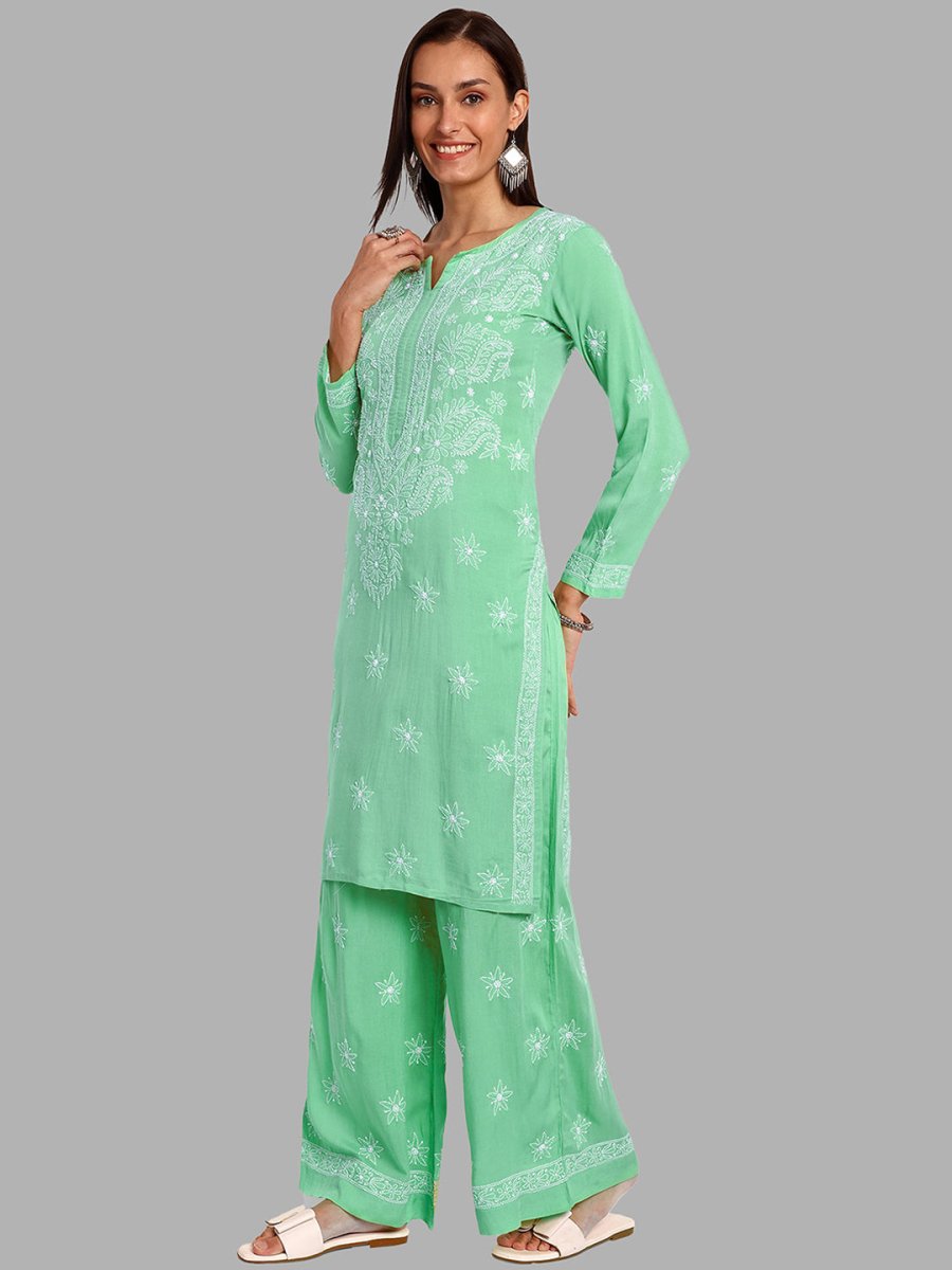 ADA Floral Embroidered Long Sleeves Regular Lucknowi Chikankari Kurta With Palazzos 