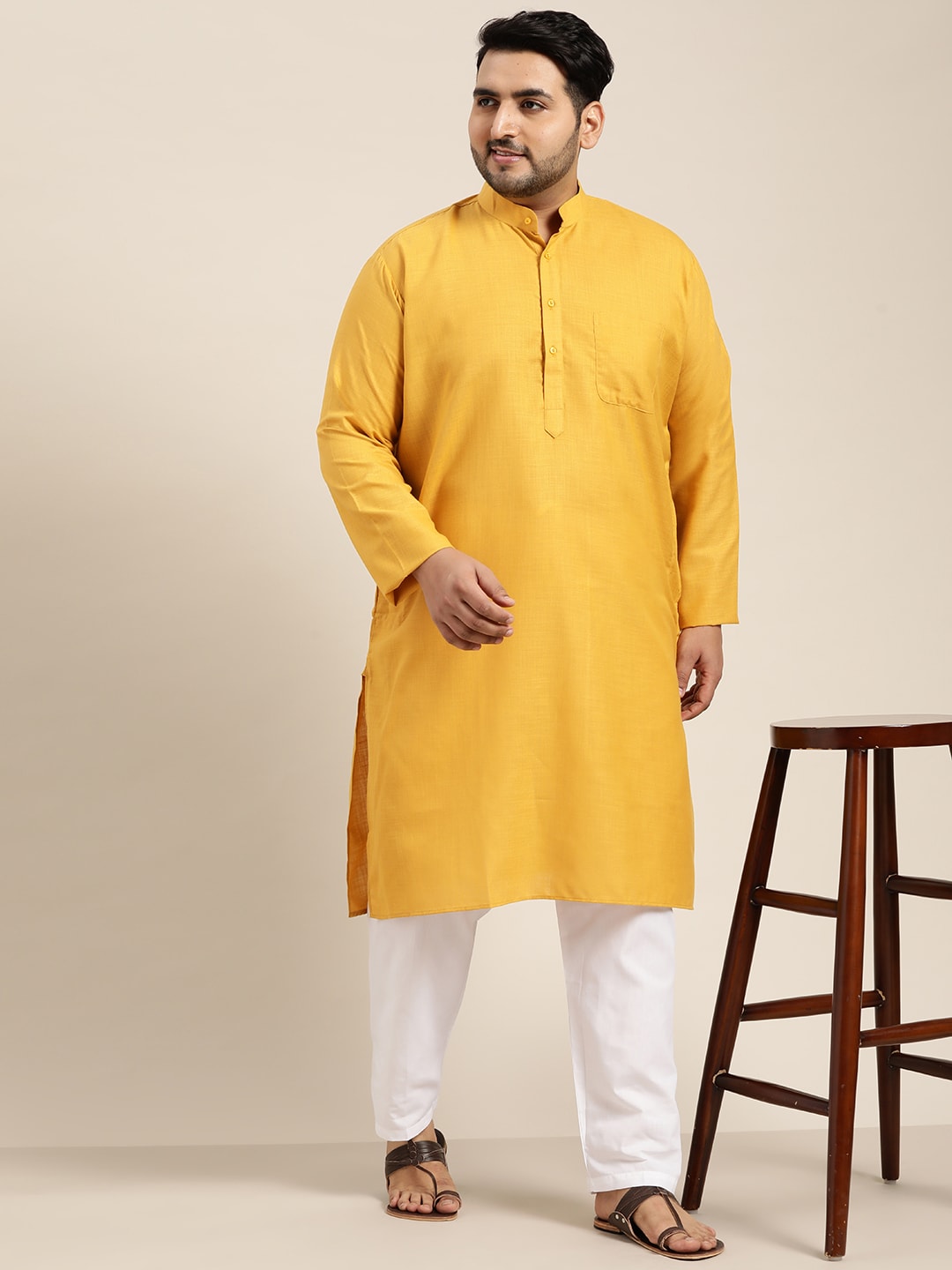 Sojanya Plus Size Men Mustard Yellow Pure Cotton Kurta 