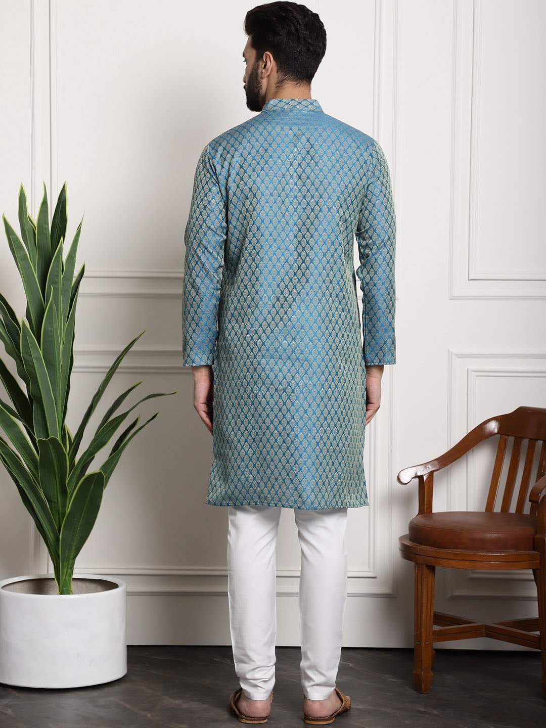 Sojanya Men Blue & Off-White Woven Design Kurta with Churidar 