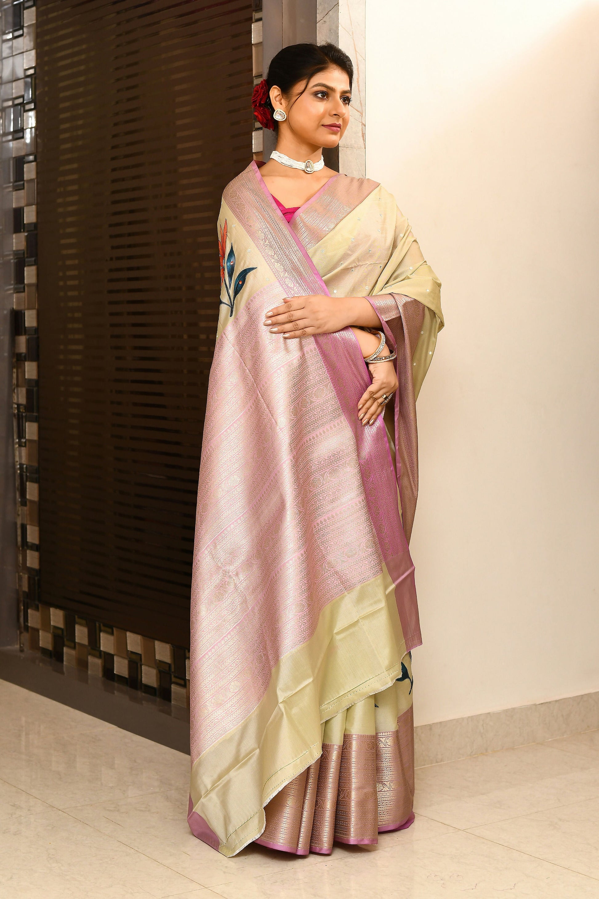 Joban Fashion Lavender & Brown Saree Kataan Applick Witch Mirror