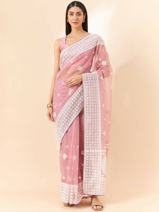 Pink Organza Geometric Embroidered Saree with Unstitched Blouse Piece - Roozal