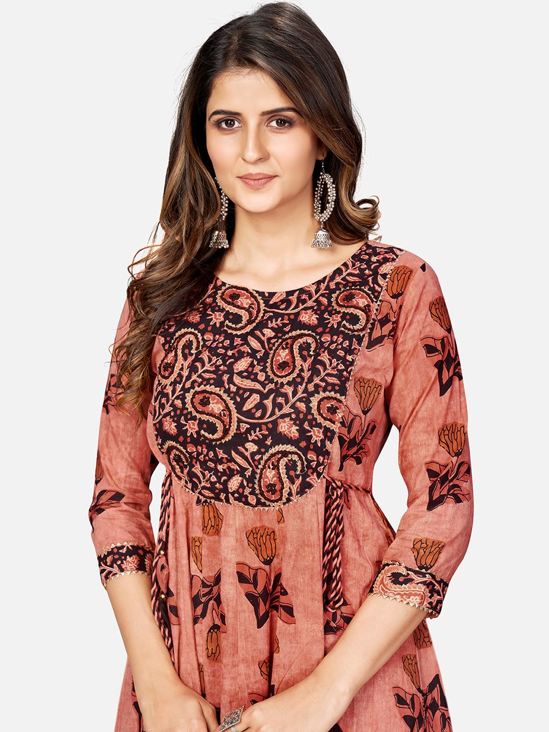 NOZ2TOZ Women's Printed & Hand Work Anarkali Cotton Brown Kurta (1Pc) 
