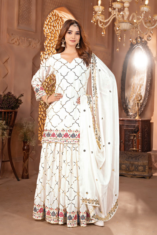 Yash Enterprise White Chinon Silk Embroidery Party Wear Suit Set  Grab2Buy Yash Enterprise Grab2Buy